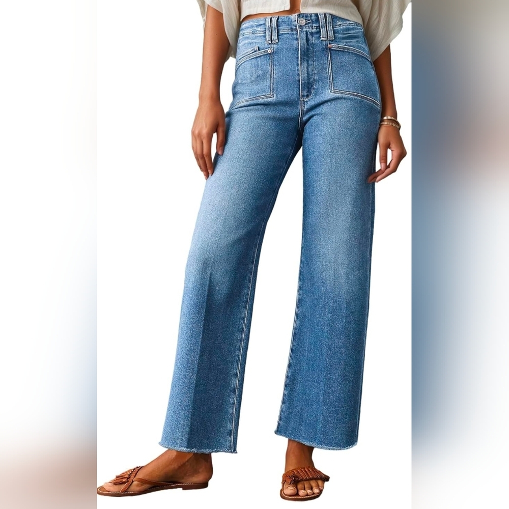 ACID WASH High Waisted Wide Leg Stretchy Raw Hem Jeans(SIZE 14 FITS LIKE 12/14)